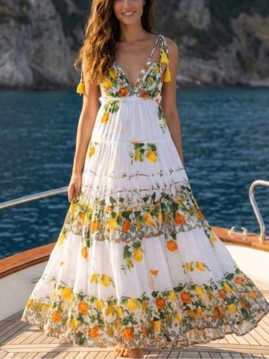 Antica Sartoria Dresses & Skirts - Antica Sartoria 2026 White Lemon Print Halter Maxi Dress OS